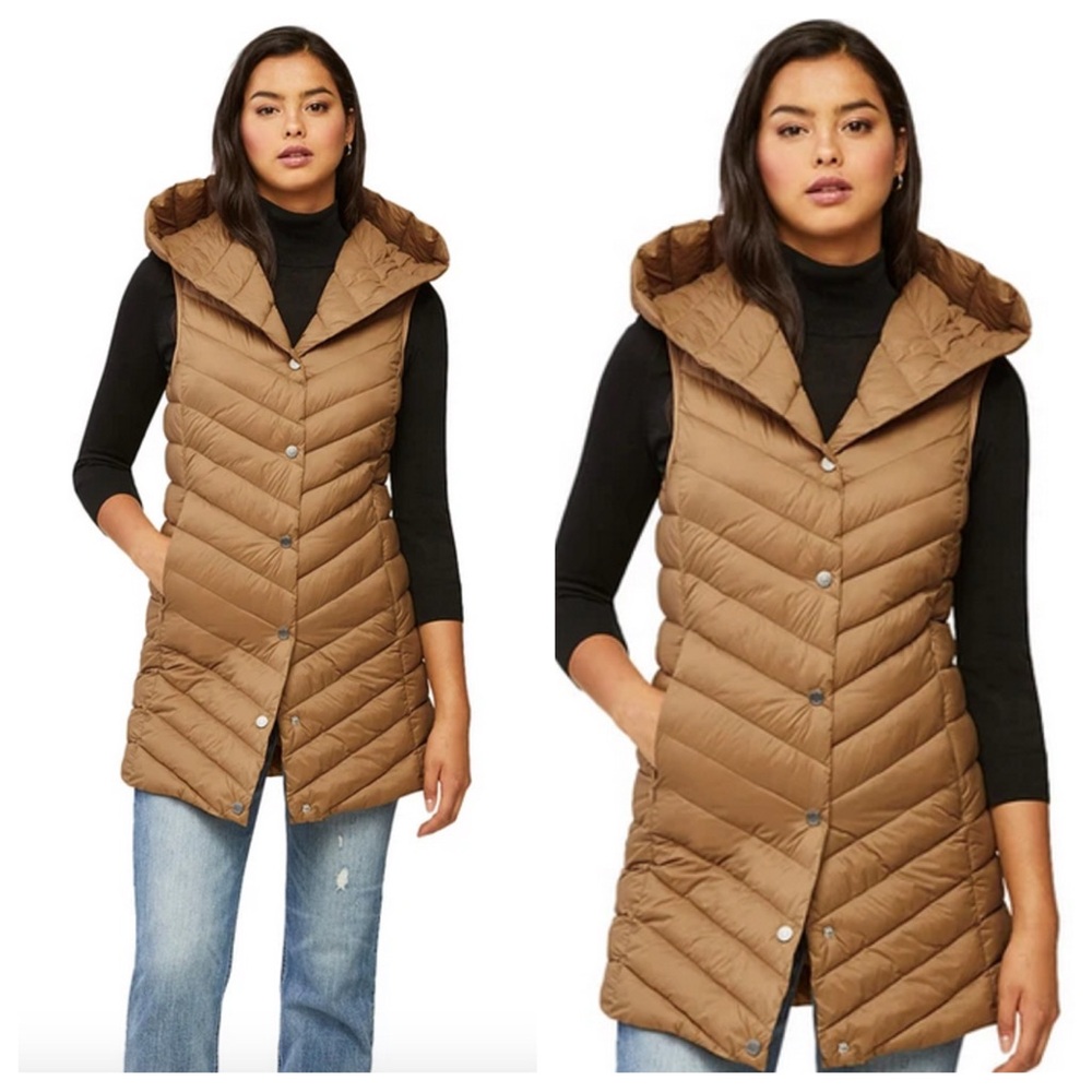 Soia & Kyo Viola Snap Front Hooded Puffer Vest in Camel Brown